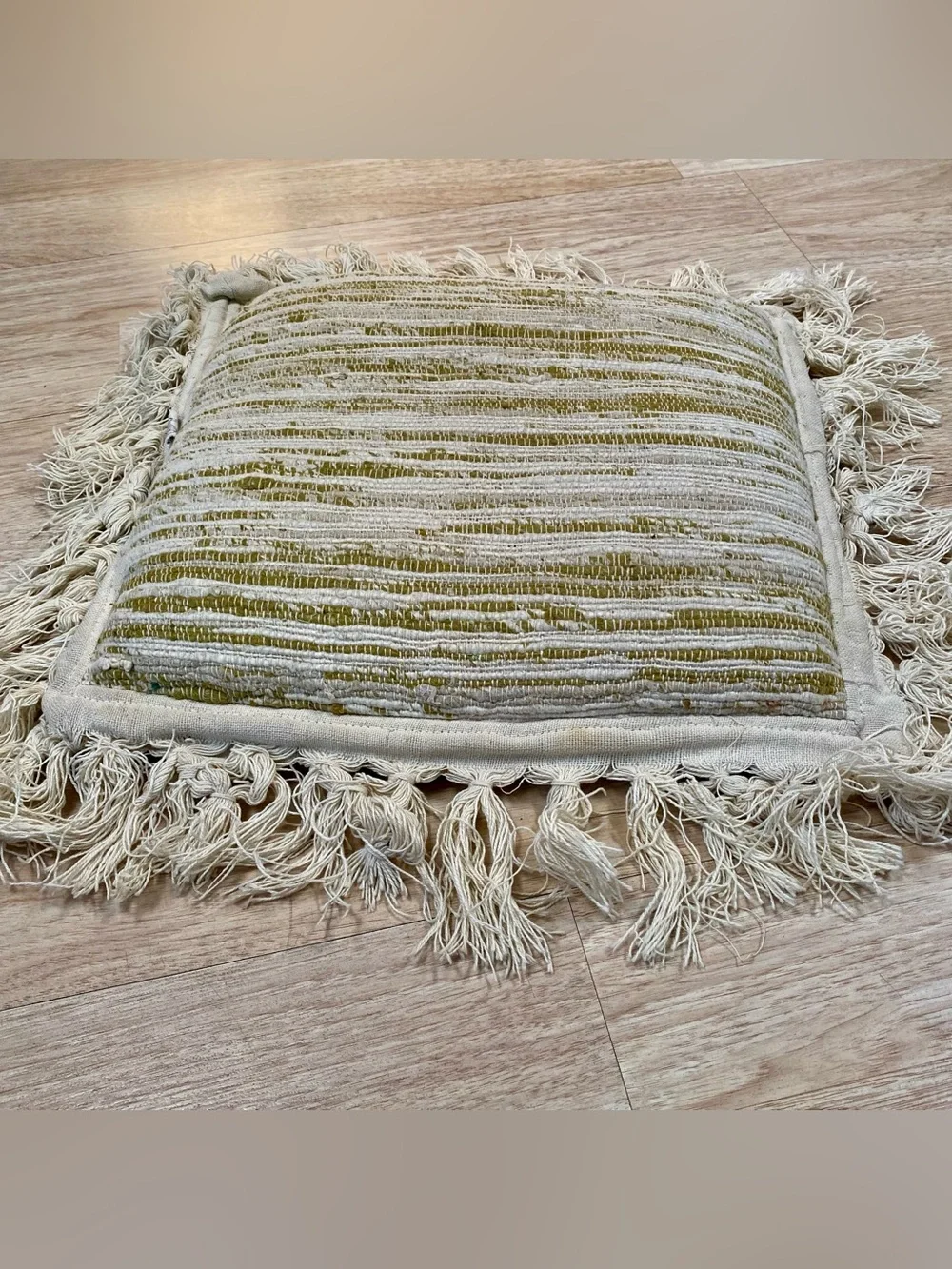 Vintage Irovy Textured Throw Pillow Horizontal Stripe Fringe Edge Approx 14x14in